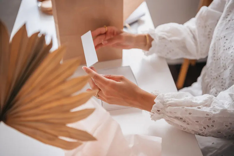 Woman in a white lace blouse opening a mailed box and lifting out a card at a bright table